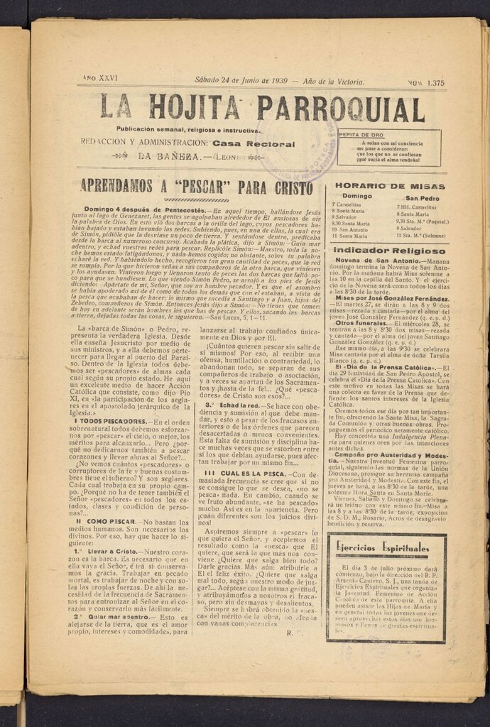 Miniatura de La hojita parroquial : publicación semanal religiosa e instructiva del 24 de junio de 1939, nº 1375
