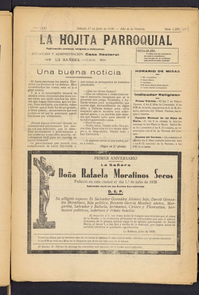 Miniatura de La hojita parroquial : publicación semanal religiosa e instructiva del 1 de julio de 1939, nº 1375 [sic]