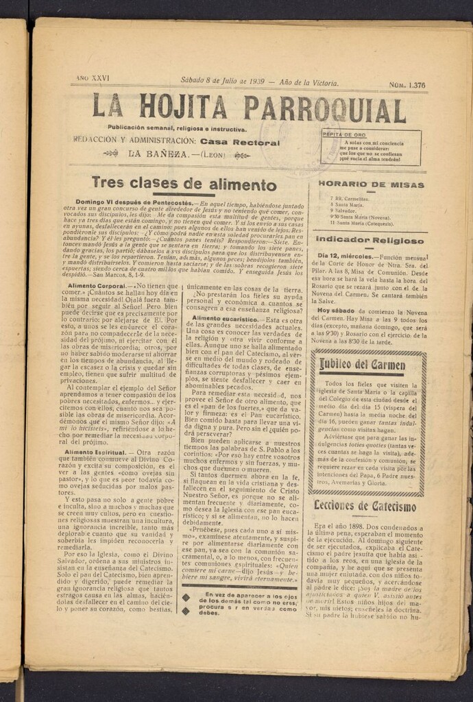 Miniatura de La hojita parroquial : publicación semanal religiosa e instructiva del 8 de julio de 1939, nº 1376