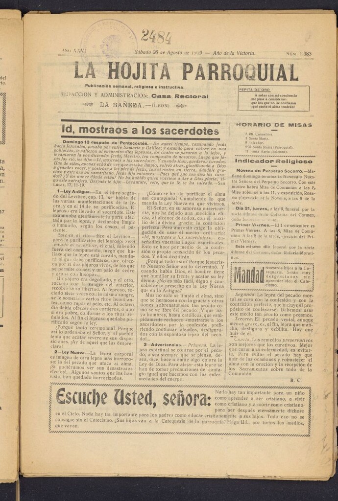 Miniatura de La hojita parroquial : publicación semanal religiosa e instructiva del 26 de agosto de 1939, nº 1383