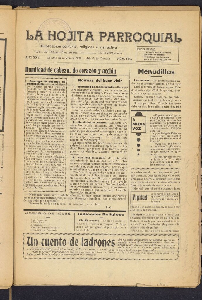 Miniatura de La hojita parroquial : publicación semanal religiosa e instructiva del 16 de septiembre de 1939, nº 1386