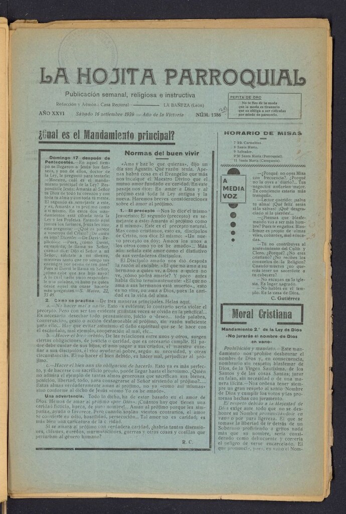 Miniatura de La hojita parroquial : publicación semanal religiosa e instructiva del 16 de septiembre de 1939, nº 1386[sic]