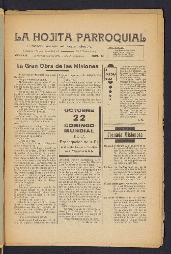 Miniatura de La hojita parroquial : publicación semanal religiosa e instructiva del 21 de octubre de 1939, nº 1391