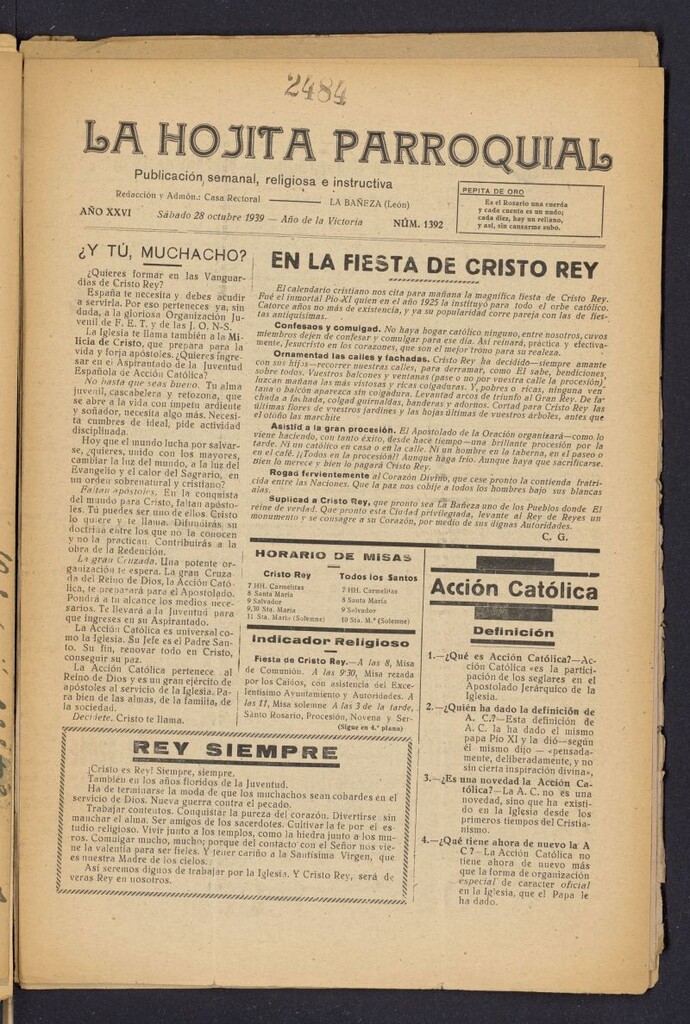 Miniatura de La hojita parroquial : publicación semanal religiosa e instructiva del 28 de octubre de 1939, nº 1392