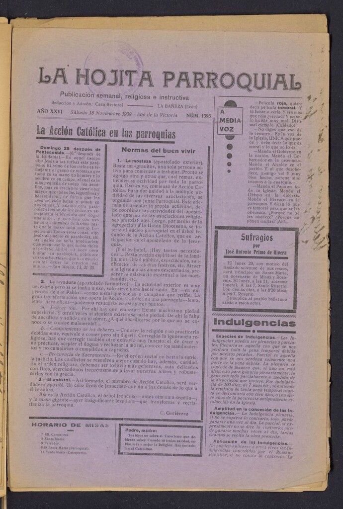 Miniatura de La hojita parroquial : publicación semanal religiosa e instructiva del 18 de noviembre de 1939, nº 1395