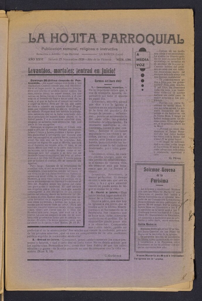 Miniatura de La hojita parroquial : publicación semanal religiosa e instructiva del 25 de noviembre de 1939, nº 1396