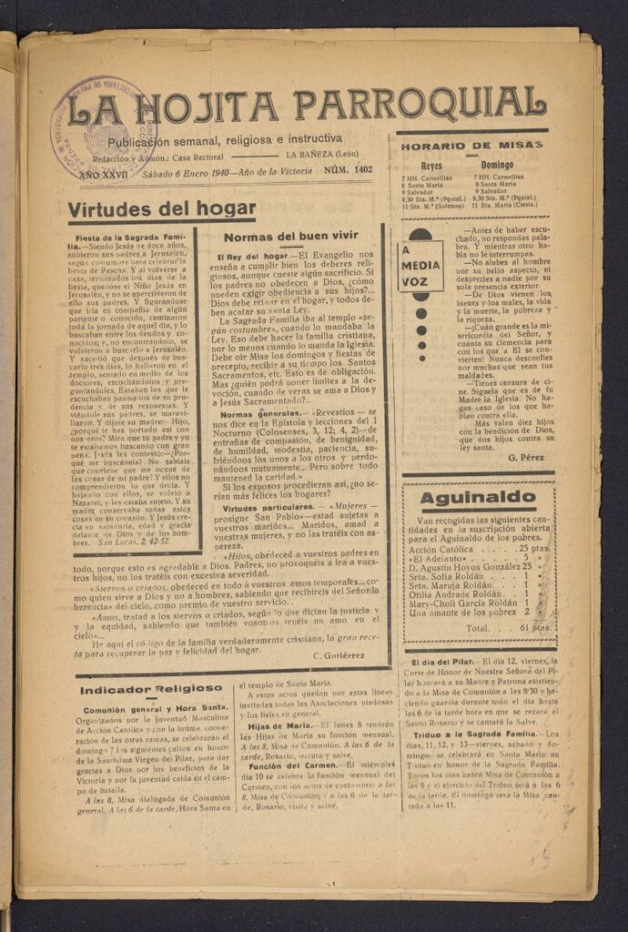 Miniatura de La hojita parroquial : publicación semanal religiosa e instructiva del 6 de enero de 1940, nº 1402