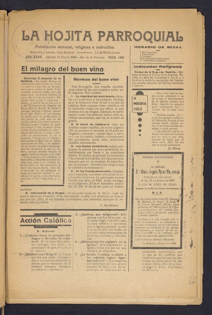 Miniatura de La hojita parroquial : publicación semanal religiosa e instructiva del 13 de enero de 1940, nº 1403