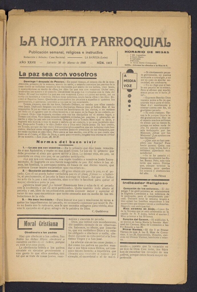 Miniatura de La hojita parroquial : publicación semanal religiosa e instructiva del 30 de marzo de 1940, nº 1413