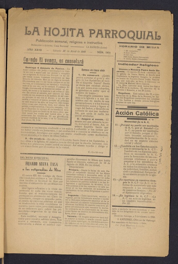 Miniatura de La hojita parroquial : publicación semanal religiosa e instructiva del 20 de abril de 1940, nº 1416