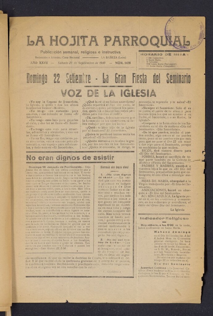 Miniatura de La hojita parroquial : publicación semanal religiosa e instructiva del 21 de septiembre de 1940, nº 1438
