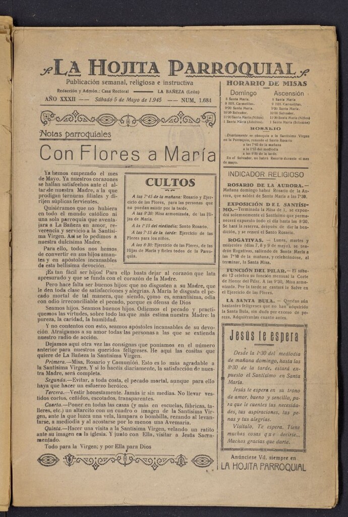Miniatura de La hojita parroquial : publicación semanal religiosa e instructiva del 5 de mayo de 1945, nº 1684
