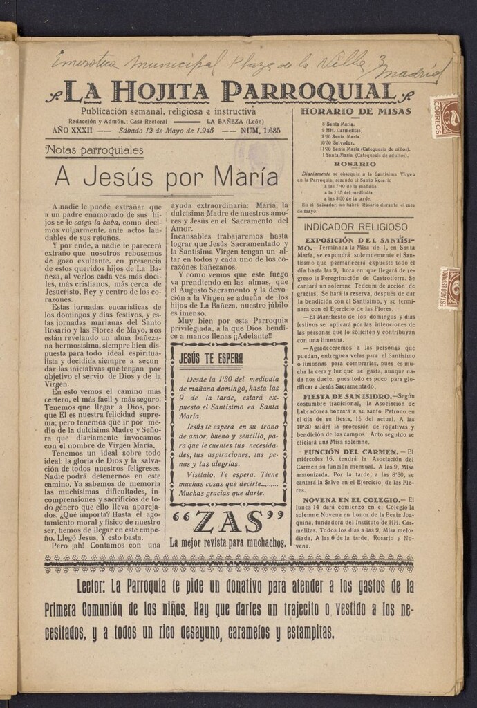 Miniatura de La hojita parroquial : publicación semanal religiosa e instructiva del 12 de mayo de 1945, nº 1685
