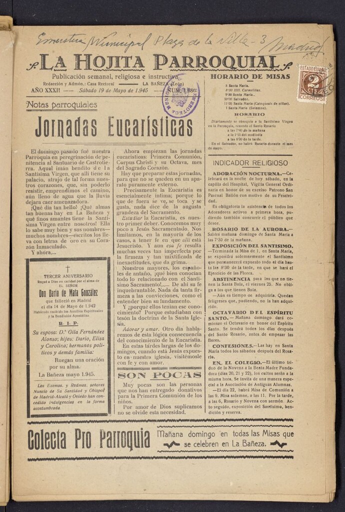 Miniatura de La hojita parroquial : publicación semanal religiosa e instructiva del 19 de mayo de 1945, nº 1686