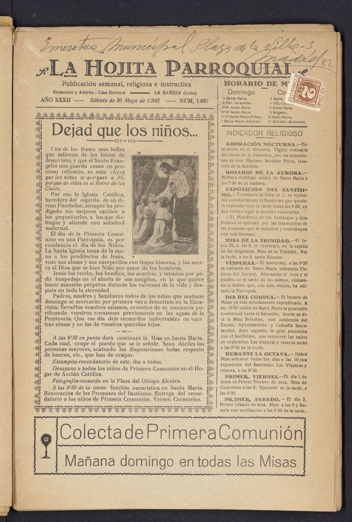 Miniatura de La hojita parroquial : publicación semanal religiosa e instructiva del 26 de mayo de 1945, nº 1687