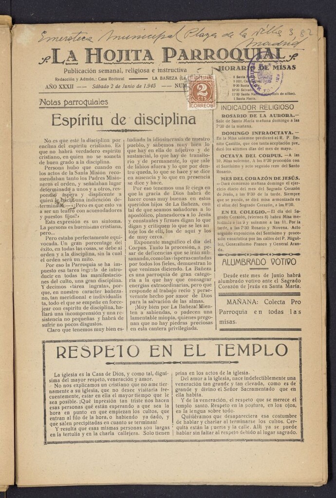 Miniatura de La hojita parroquial : publicación semanal religiosa e instructiva del 2 de junio de 1945, nº 1688