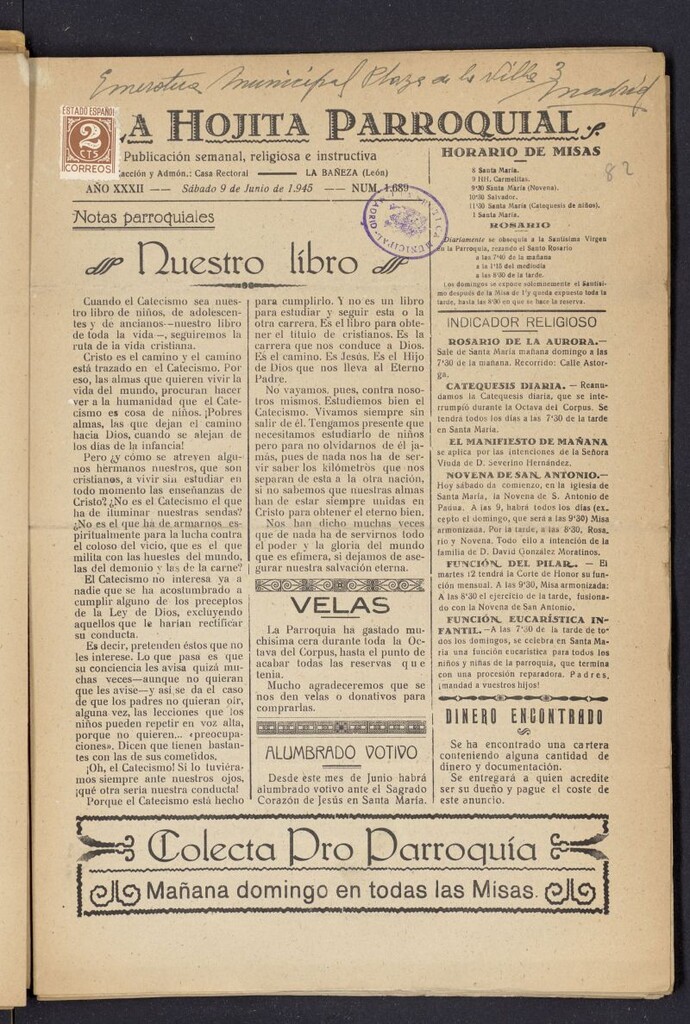 Miniatura de La hojita parroquial : publicación semanal religiosa e instructiva del 9 de junio de 1945, nº 1689