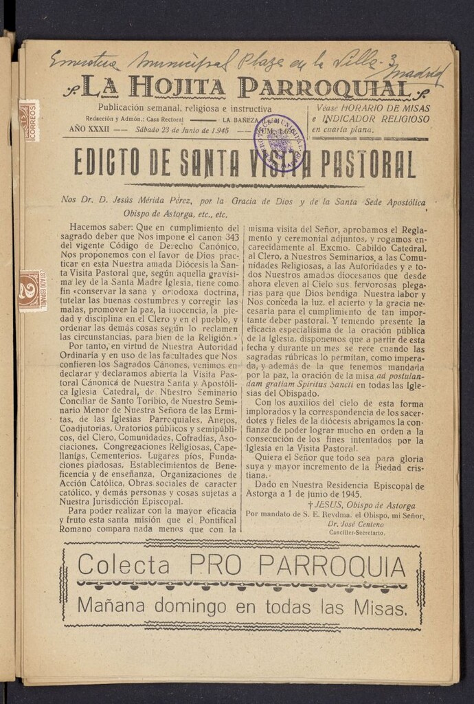 Miniatura de La hojita parroquial : publicación semanal religiosa e instructiva del 23 de junio de 1945, nº 1691