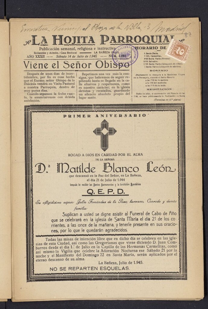 Miniatura de La hojita parroquial : publicación semanal religiosa e instructiva del 14 de julio de 1945, nº 1694