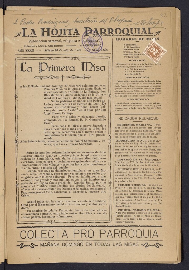 Miniatura de La hojita parroquial : publicación semanal religiosa e instructiva del 28 de julio de 1945, nº 1696