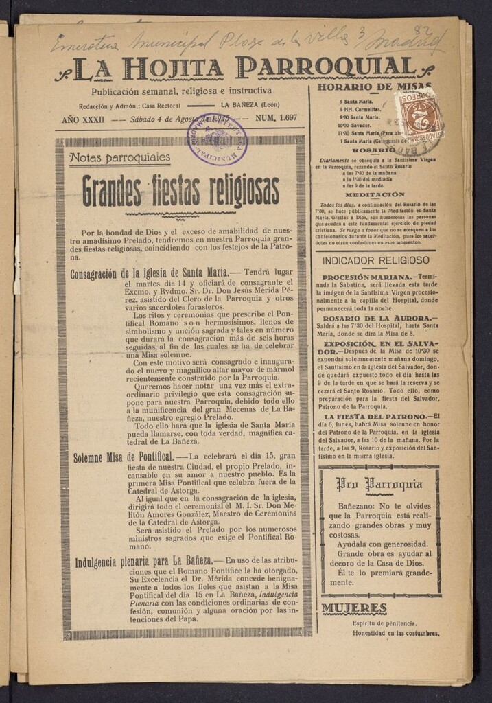 Miniatura de La hojita parroquial : publicación semanal religiosa e instructiva del 4 de agosto de 1945, nº 1697