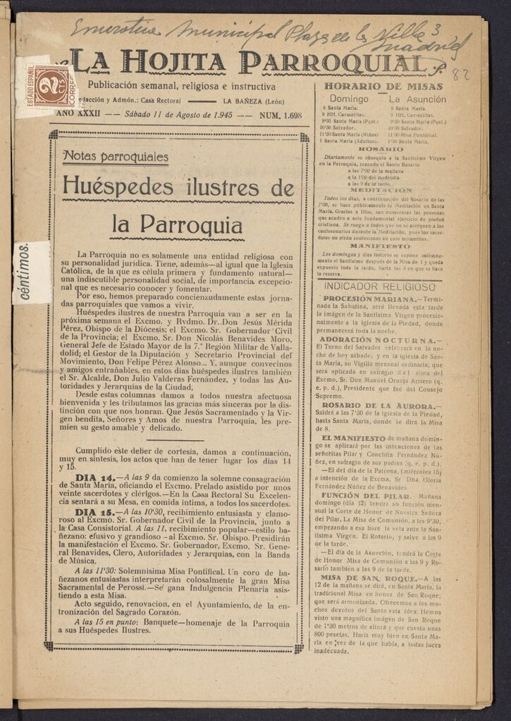 Miniatura de La hojita parroquial : publicación semanal religiosa e instructiva del 11 de agosto de 1945, nº 1698