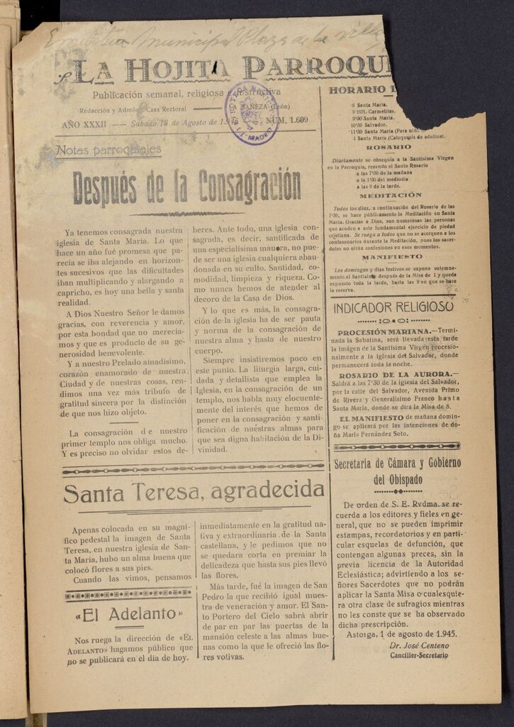 Miniatura de La hojita parroquial : publicación semanal religiosa e instructiva del 18 de agosto de 1945, nº 1699