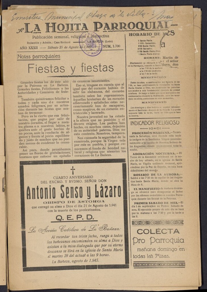 Miniatura de La hojita parroquial : publicación semanal religiosa e instructiva del 25 de agosto de 1945, nº 1700