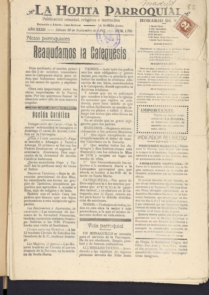 Miniatura de La hojita parroquial : publicación semanal religiosa e instructiva del 29 de septiembre de 1945, nº 1705
