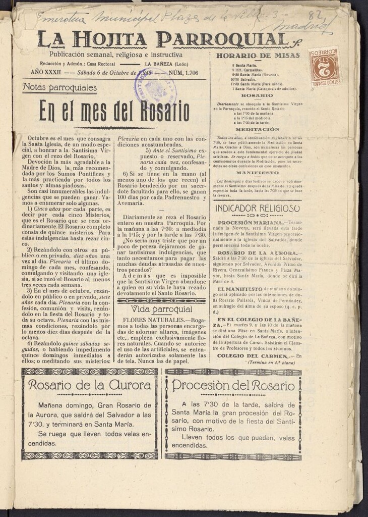 Miniatura de La hojita parroquial : publicación semanal religiosa e instructiva del 6 de octubre de 1945, nº 1706