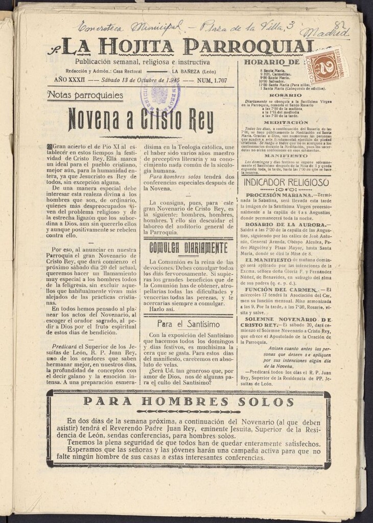 Miniatura de La hojita parroquial : publicación semanal religiosa e instructiva del 13 de octubre de 1945, nº 1707