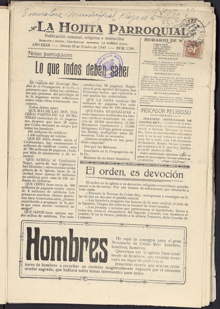 Miniatura de La hojita parroquial : publicación semanal religiosa e instructiva del 20 de octubre de 1945, nº 1708