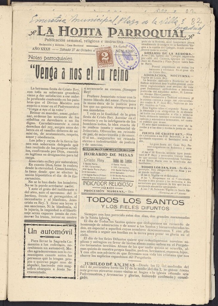 Miniatura de La hojita parroquial : publicación semanal religiosa e instructiva del 27 de octubre de 1945, nº 1709