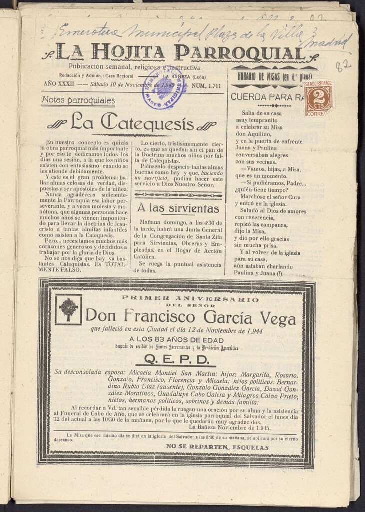 Miniatura de La hojita parroquial : publicación semanal religiosa e instructiva del 10 de noviembre de 1945, nº 1711