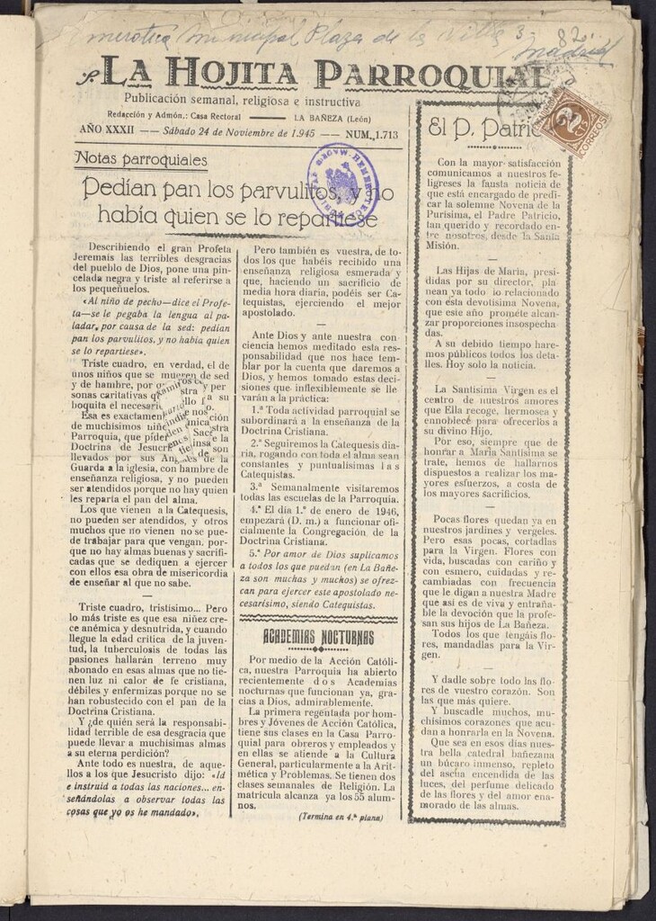Miniatura de La hojita parroquial : publicación semanal religiosa e instructiva del 24 de noviembre de 1945, nº 1713