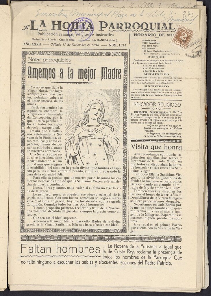 Miniatura de La hojita parroquial : publicación semanal religiosa e instructiva del 1 de diciembre de 1945, nº 1714