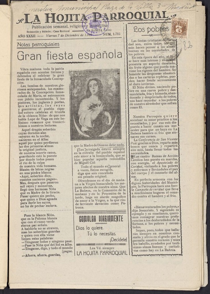 Miniatura de La hojita parroquial : publicación semanal religiosa e instructiva del 7 de diciembre [sic] de 1945, nº 1715