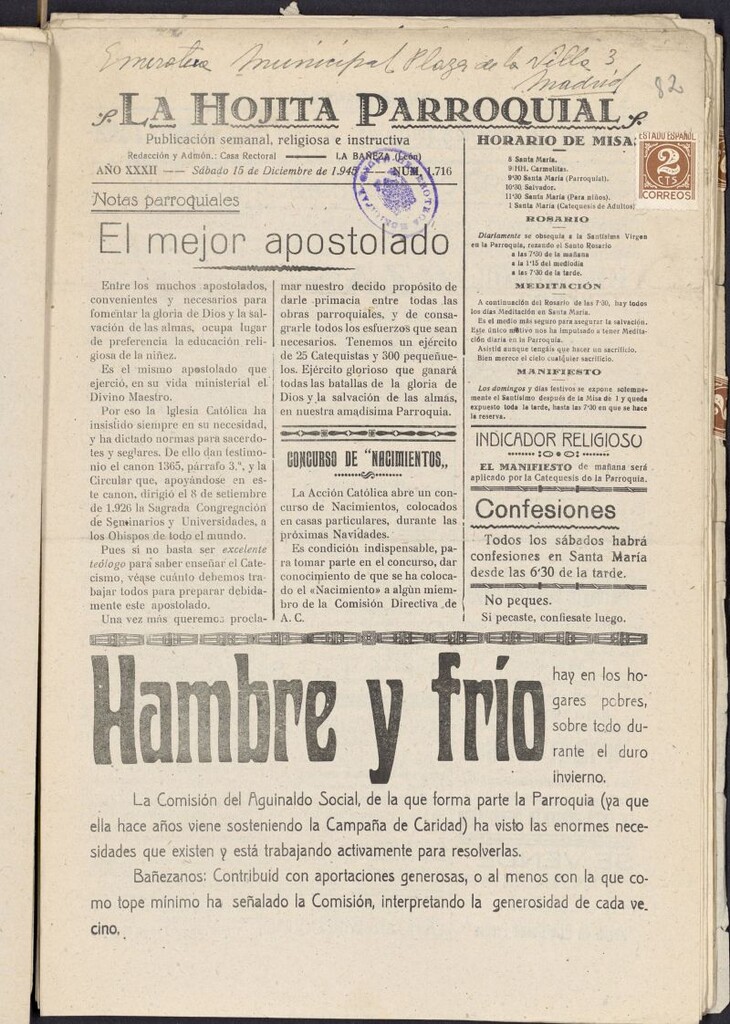 Miniatura de La hojita parroquial : publicación semanal religiosa e instructiva del 15 de diciembre de 1945, nº 1716