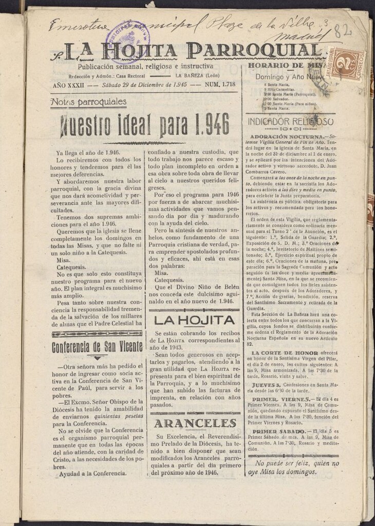 Miniatura de La hojita parroquial : publicación semanal religiosa e instructiva del 29 de diciembre de 1945, nº 1718