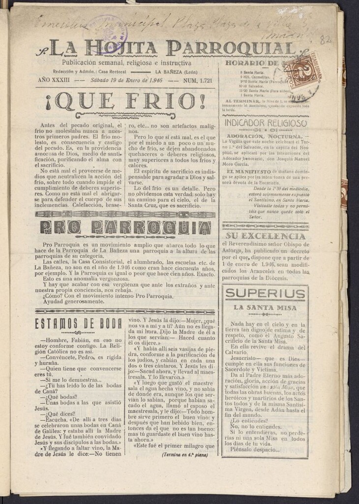 Miniatura de La hojita parroquial : publicación semanal religiosa e instructiva del 19 de enero de 1946, nº 1721