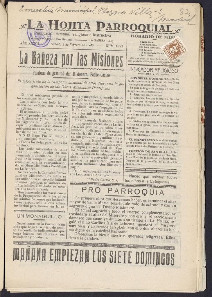 Miniatura de La hojita parroquial : publicación semanal religiosa e instructiva del 2 de febrero de 1946, nº 1723