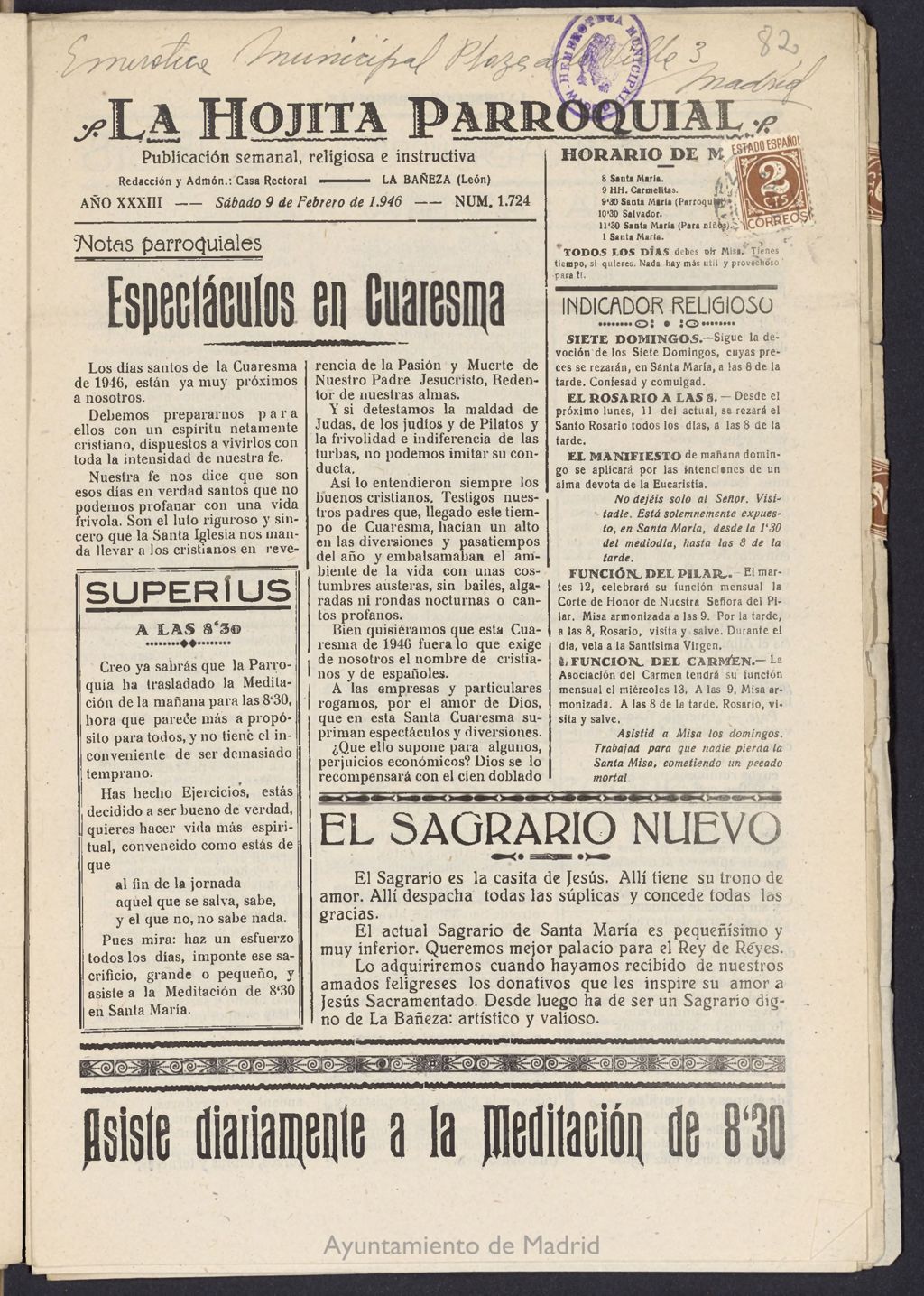 Miniatura de La hojita parroquial : publicación semanal religiosa e instructiva del 9 de febrero de 1946, nº 1724