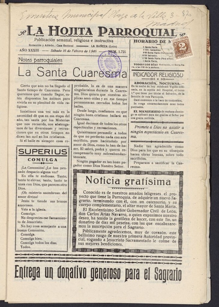 Miniatura de La hojita parroquial : publicación semanal religiosa e instructiva del 16 de febrero de 1946, nº 1725