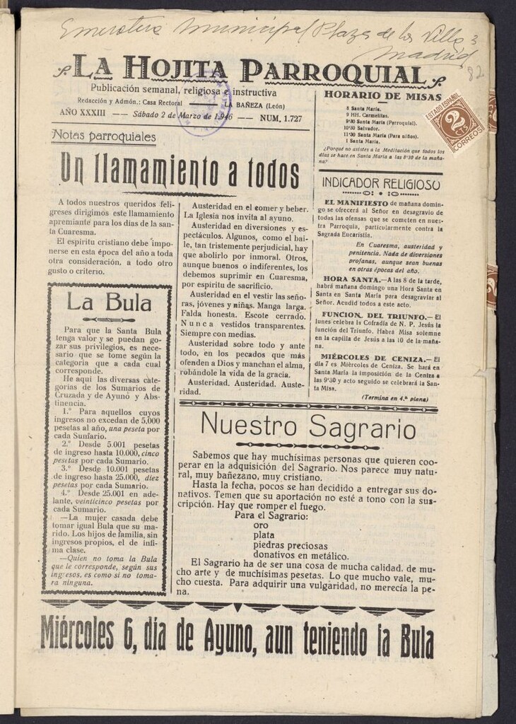 Miniatura de La hojita parroquial : publicación semanal religiosa e instructiva del 2 de marzo de 1946, nº 1727