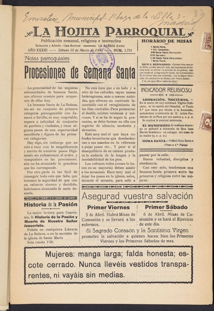 Miniatura de La hojita parroquial : publicación semanal religiosa e instructiva del 30 de marzo de 1946, nº 1731