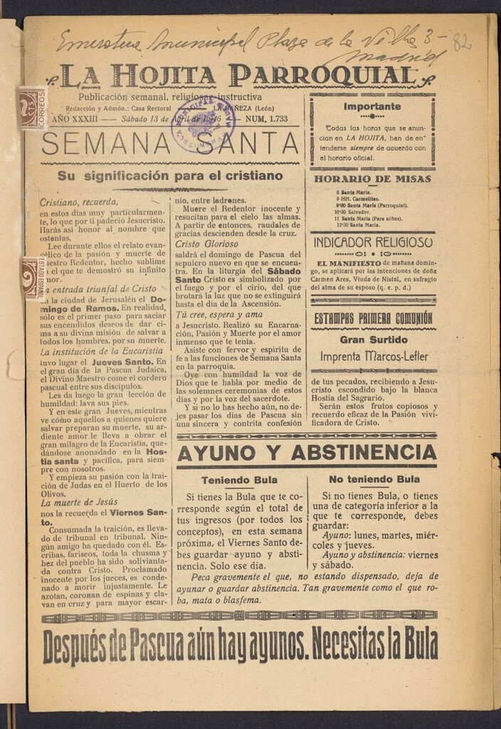 Miniatura de La hojita parroquial : publicación semanal religiosa e instructiva del 13 de abril de 1946, nº 1733