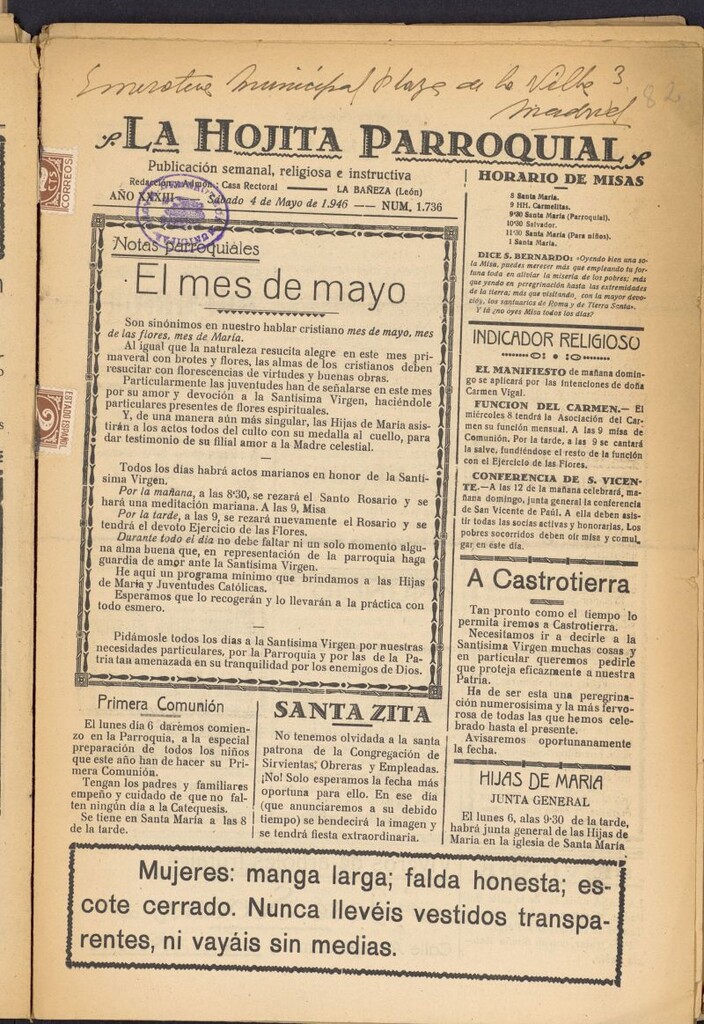 Miniatura de La hojita parroquial : publicación semanal religiosa e instructiva del 4 de mayo de 1946, nº 1736