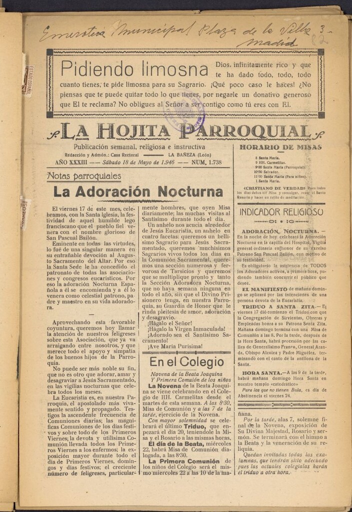 Miniatura de La hojita parroquial : publicación semanal religiosa e instructiva del 18 de mayo de 1946, nº 1738