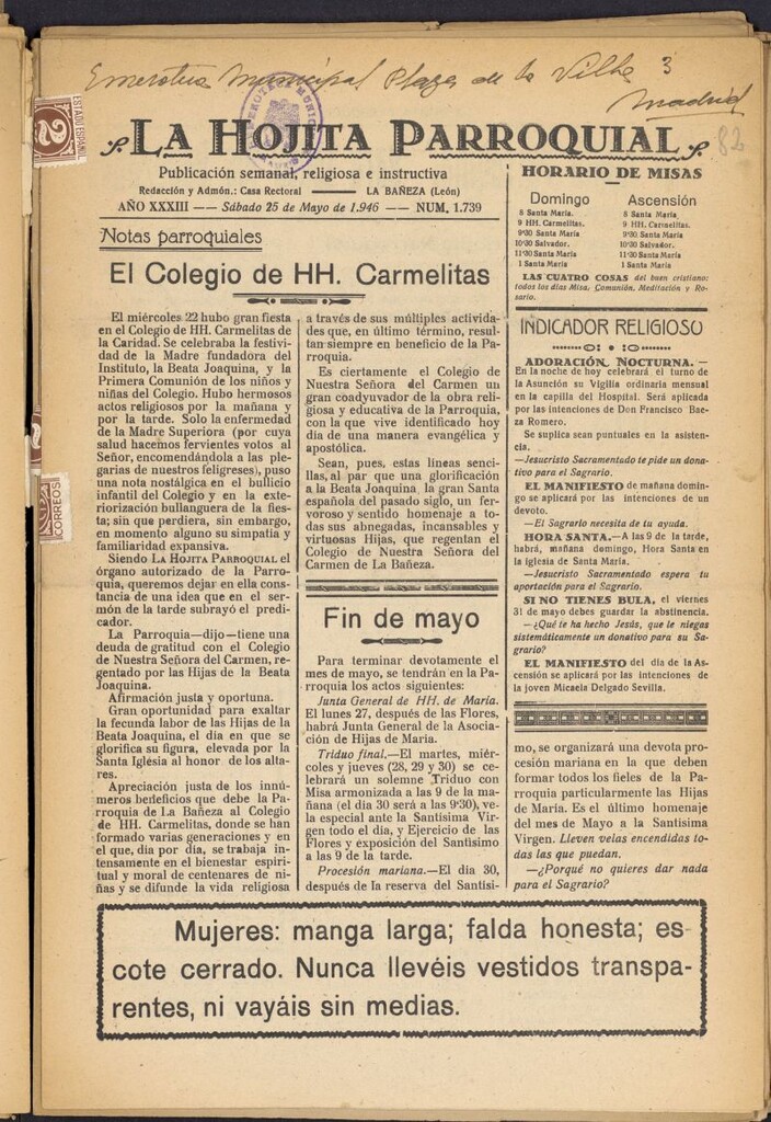 Miniatura de La hojita parroquial : publicación semanal religiosa e instructiva del 25 de mayo de 1946, nº 1739