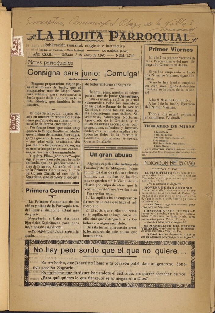 Miniatura de La hojita parroquial : publicación semanal religiosa e instructiva del 1 de junio de 1946, nº 1740